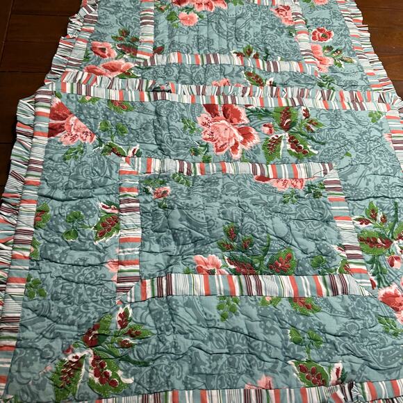 Soft Surroundings Quilted Floral Stripe Ruffle Cottagecore Farm Shams set 2 Boho - Picture 3 of 6